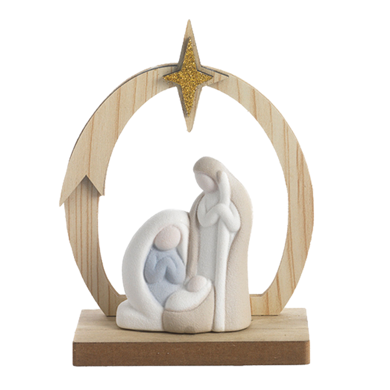 Nativité en porcelaine sur support arche et étoile en bois H. 12.8 cm - L. 10 cm