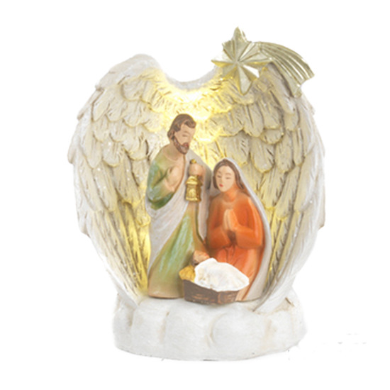 Nativité en résine dans ailes d'ange avec lumière LED H. 9.3 cm - L. 7.2 cm 