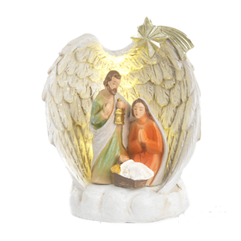 Nativité en résine dans ailes d'ange avec lumière LED H. 9.3 cm - L. 7.2 cm 