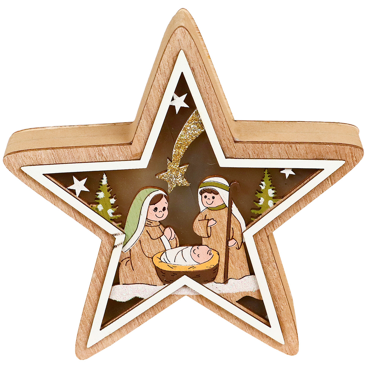 Nativité en forme d'étoile en bois avec lumière LED H. 12.3 cm - L. 13 cm 