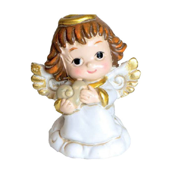 Petit ange en résine avec coeur couleur dorée et blanche H. 4 cm  