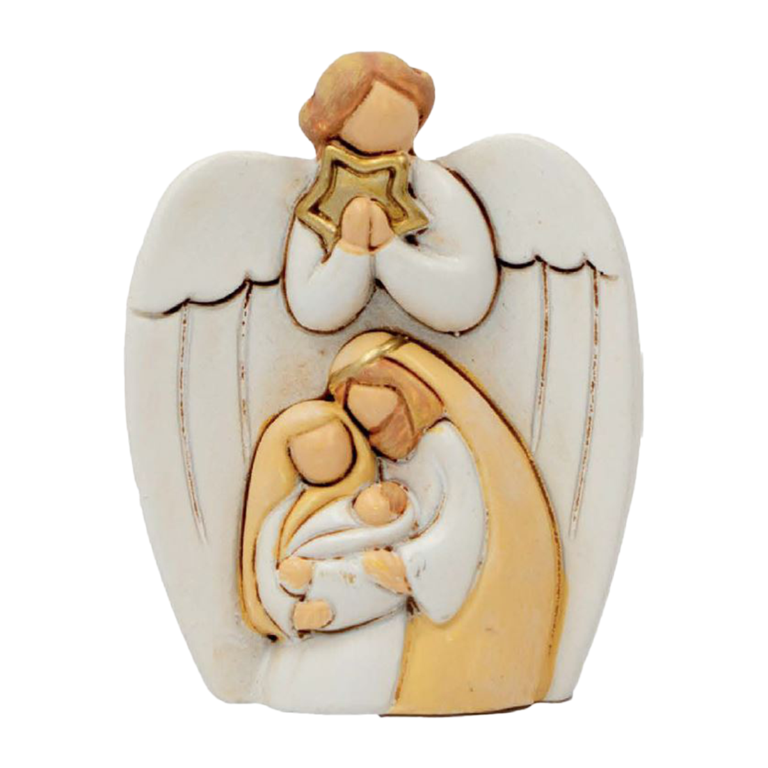 Nativité moderne avec ange en résine de couleur H. 5 cm 
