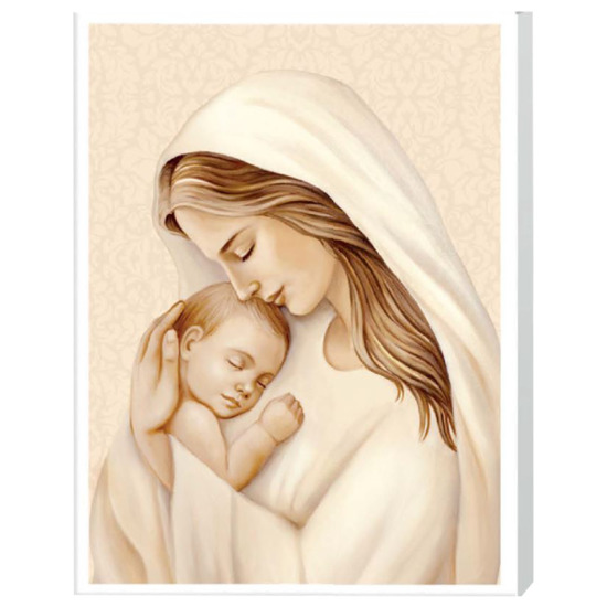 Cadre avec image Vierge à l'enfant de profil effet brillant et relief sur bois laqué blanc H. 9 x 12 cm. 
