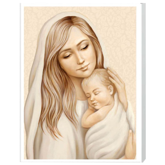 Cadre avec image Vierge à l'enfant de face effet brillant et relief sur bois laqué blanc H. 9 x 12 cm.
