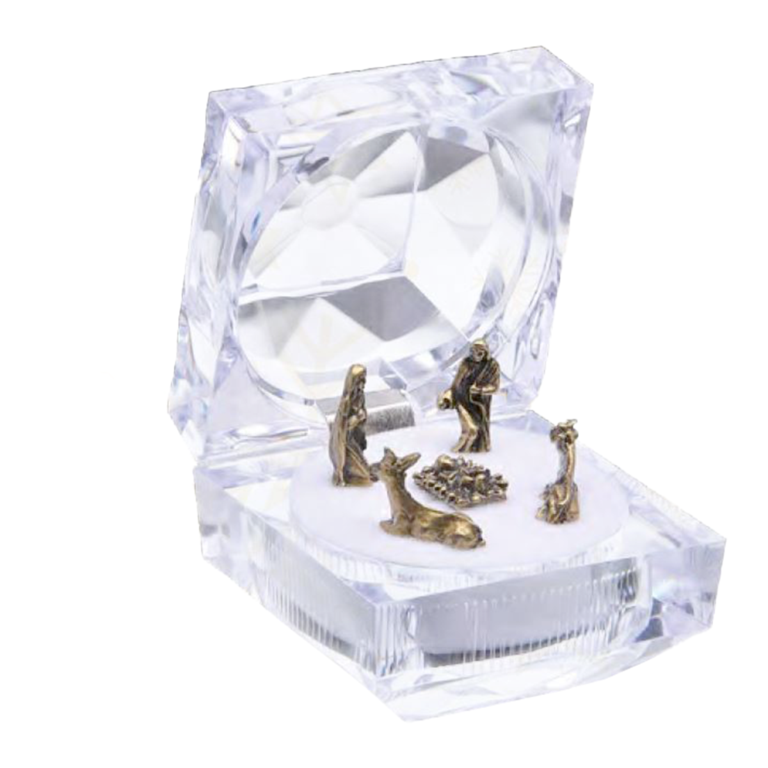 Mini crèche en métal style antique dans boite acrylique transparente effet diamant 4,8 cm.