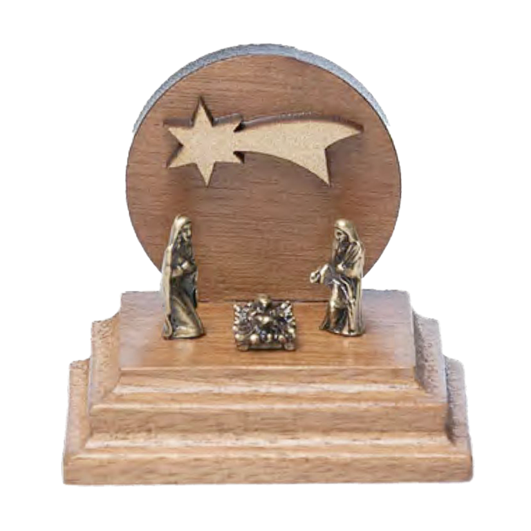 Mini Nativité en métal antique sur socle en bois avec comète 5 x 3,5 x 4,5 cm