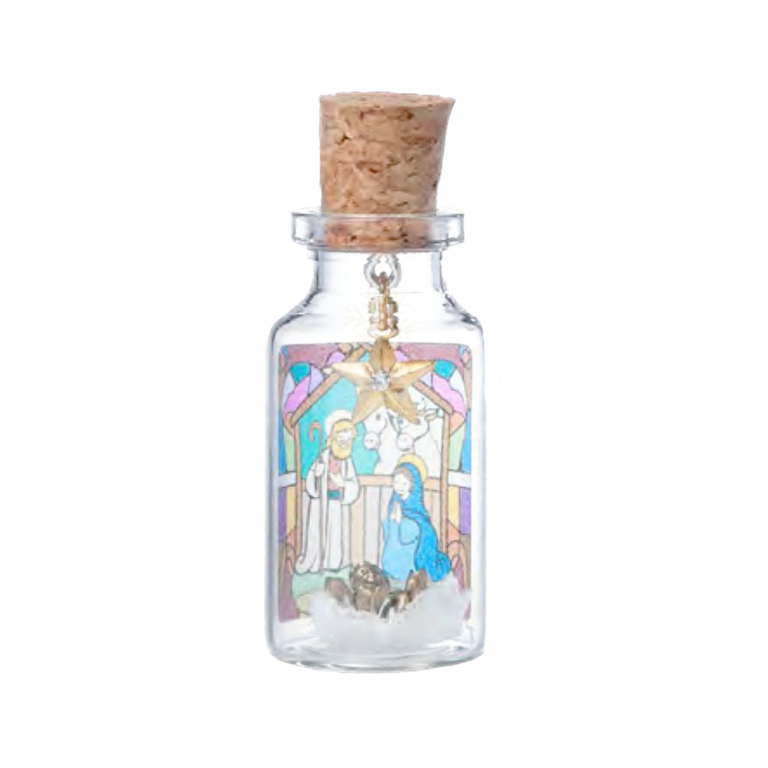 Bouteille en verre avec décor nativité, étoile avec strass suspendue et jesus en metal couleur antique. 2,6 x 6 cm