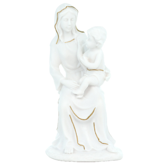 Statue blanche en albâtre de la Vierge à l'enfant avec filet couleur dorée peinte à la main Hauteur 20 cm
