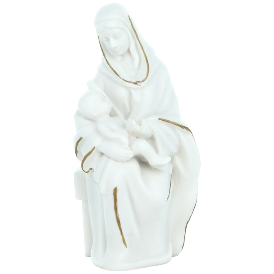 Statue blanche en albâtre de la Vierge à l'enfant avec filet couleur dorée peinte à la main Hauteur 14 cm