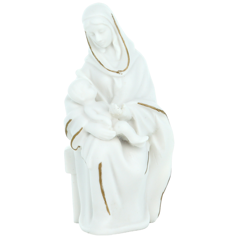 Statue blanche en albâtre de la Vierge à l'enfant avec filet couleur dorée peinte à la main Hauteur 14 cm