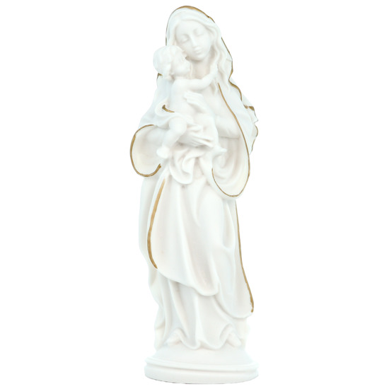 Statue blanche en albâtre de la Vierge à l'enfant avec filet couleur dorée peinte à la main Hauteur 20 cm