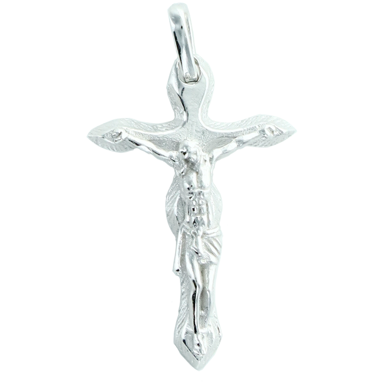 Croix de cou avec Christ en argent rhodié 925 °/°°  (1.40 g) H. 2 cm. Livrée en boite.