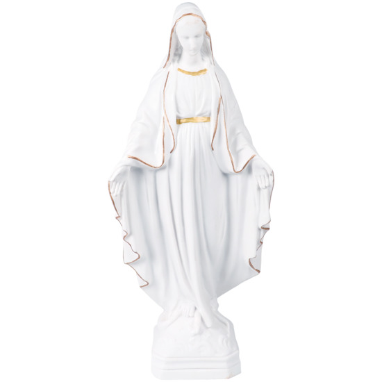 Statue blanche en albâtre de la Vierge Miraculeuse avec filet couleur dorée. Plusieurs tailles.
