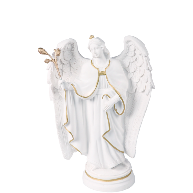 Statue blanche en albâtre de saint Gabriel avec filet couleur dorée Hauteur 19 cm