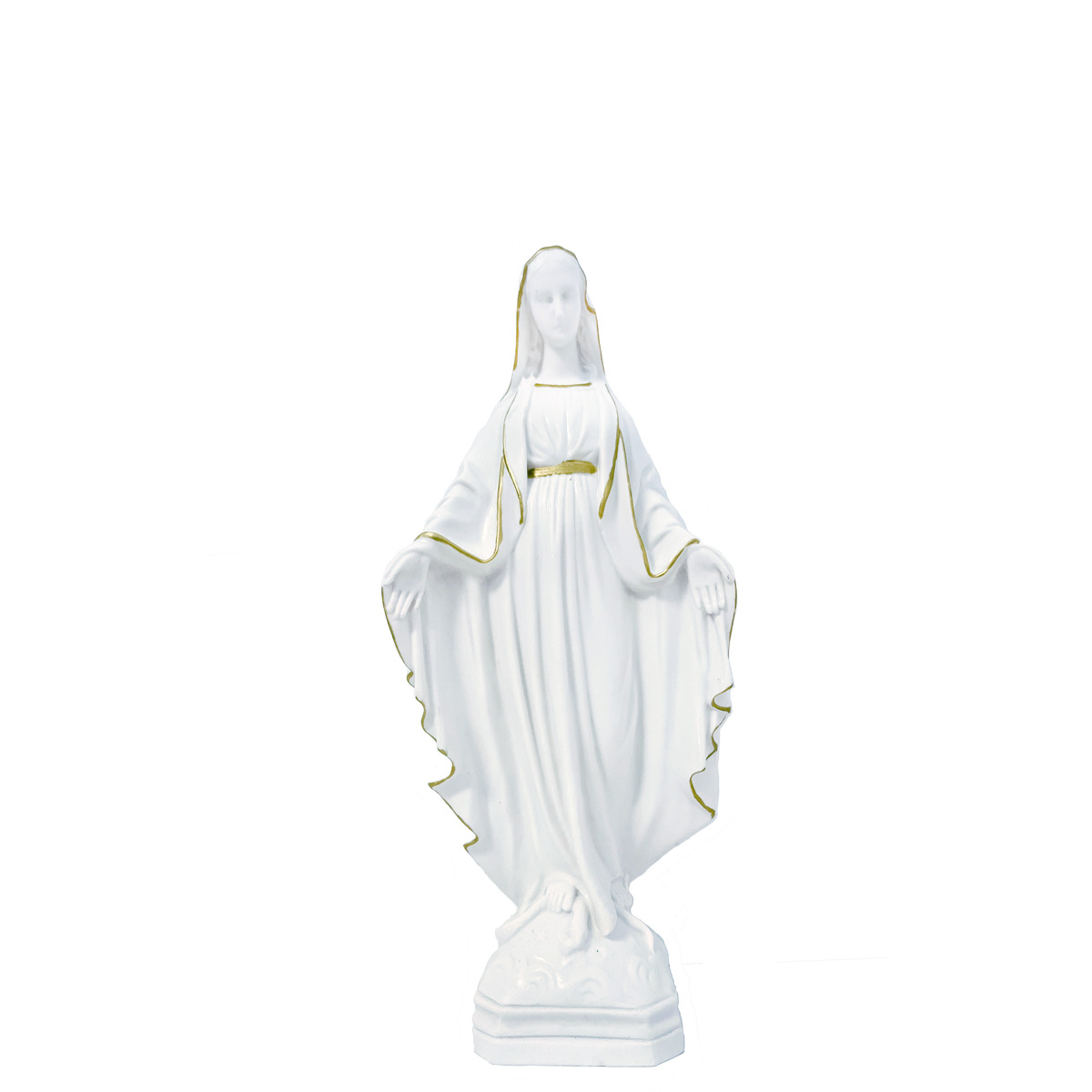 Statue blanche en albâtre de la Vierge Miraculeuse avec filet couleur dorée. Plusieurs tailles.