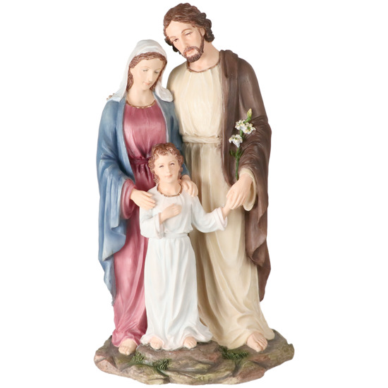 Statue en polystone polychrome peinte à la main de la sainte Famille, H. 25 cm