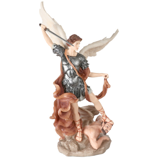Statue en polystone polychrome peinte à la main de saint Michel avec le démon. Plusieurs tailles.