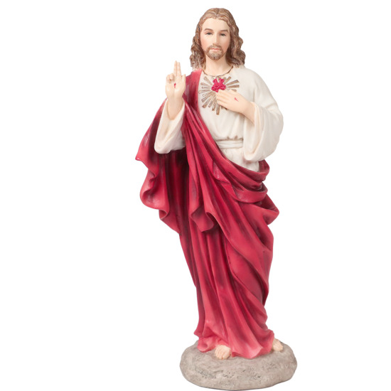 Statue en polystone polychrome peinte à la main du sacré coeur de Jésus, H. 21 cm