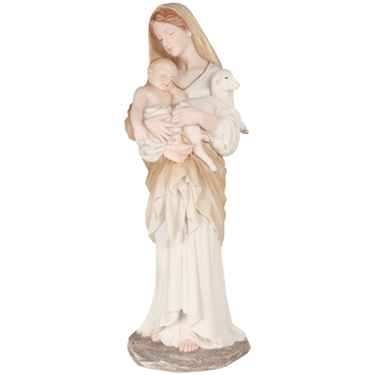 Statue en polystone polychrome peinte à la main Vierge à l'enfant et agneau, H. 31 cm