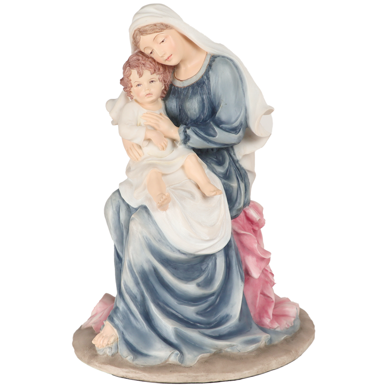 Statue en polystone polychrome peinte à la main de la Vierge à l'Enfant assise, H. 22 cm