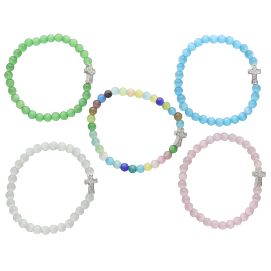 Bracelet sur élastique en perles verre saturne couleur assortie avec croix strass Ø 4 mm. LOT DE 5