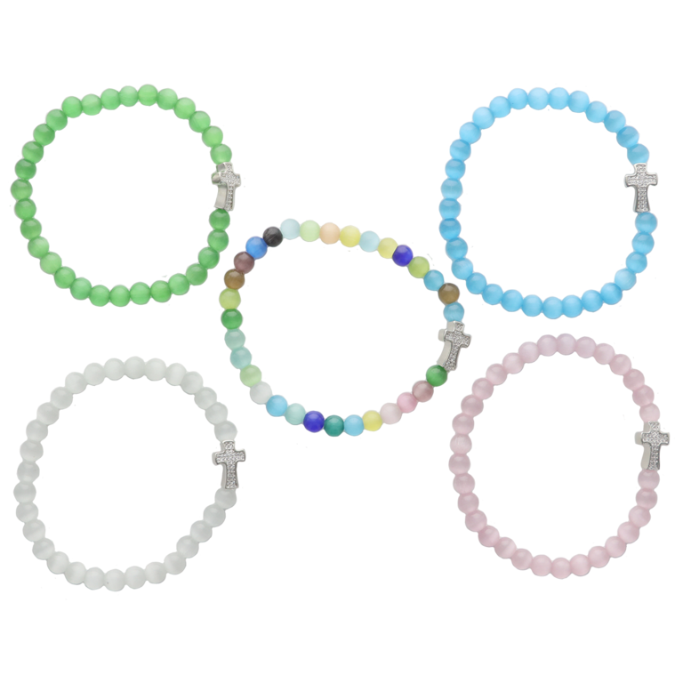 Bracelet sur élastique en perles verre saturne couleur assortie avec croix strass Ø 4 mm. LOT DE 5