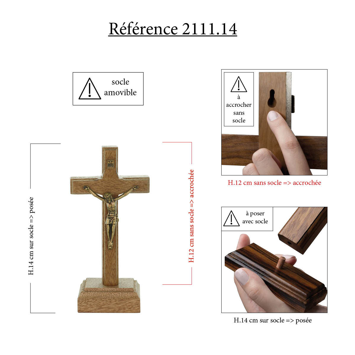 Crucifix à poser ou à accrocher en bois avec Christ en doré antique, avec socle amovible. Plusieurs tailles.