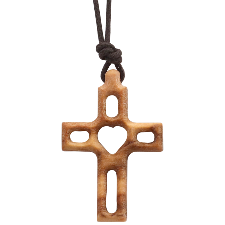 Croix de cou en bois d'oliver, ajourée avec coeur au centre H. 3 cm + cordon 74 cm.