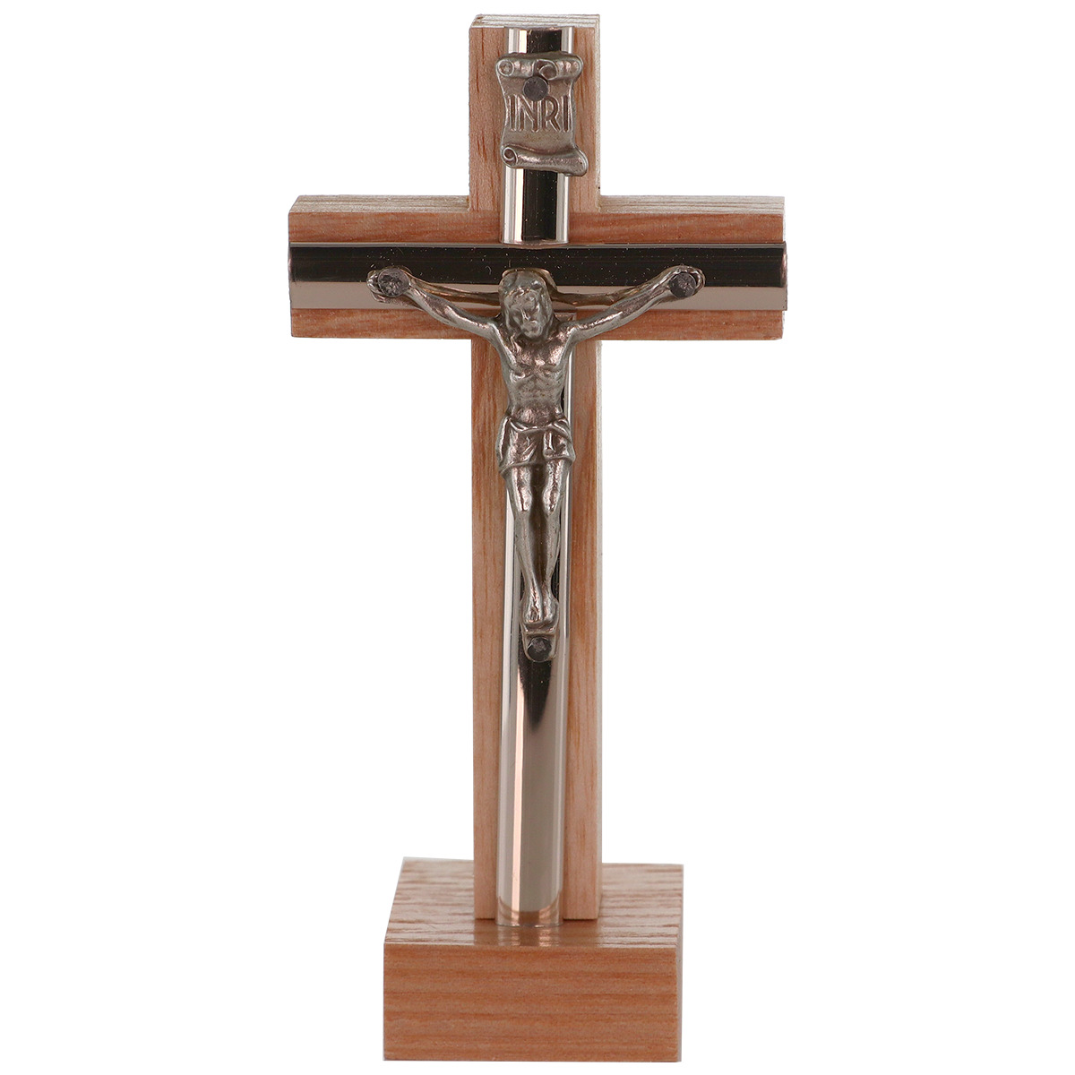 Crucifix bois clair ou foncé sur socle avec Christ et croix en métal couleur argentée, hauteur de 10,5 cm.