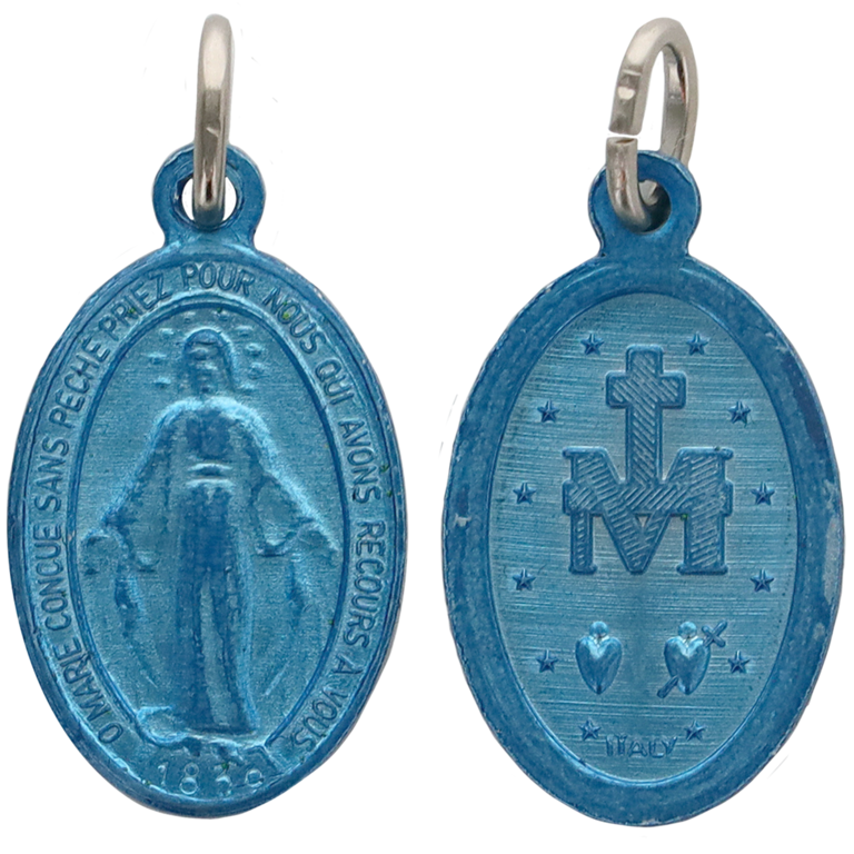 Médaille en aluminium couleur bleue H. 1,8 cm de la Vierge Miraculeuse, inscription en Français. LOT DE 100