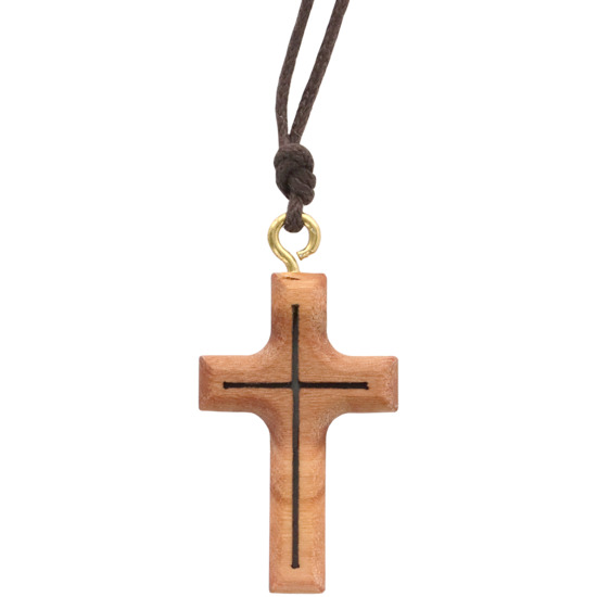 Croix de cou évidée en bois d'olivier H. 3 cm avec cordon cuir 70 cm.
