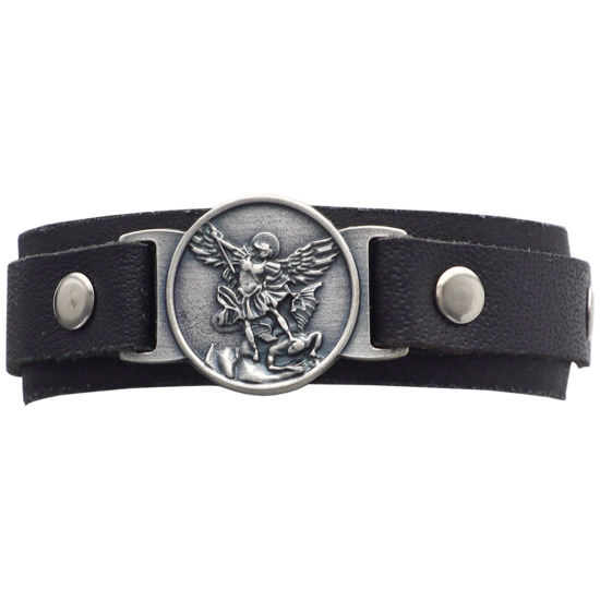 Bracelet en cuir véritable noir pour homme, ajustable sur trois points, avec une médaille de saint Michel en argent vieilli, longueur de 22 cm.