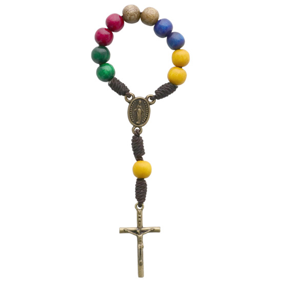 Dizainier des missions sur corde marron, grains bois Ø 6 mm, croix avec Christ