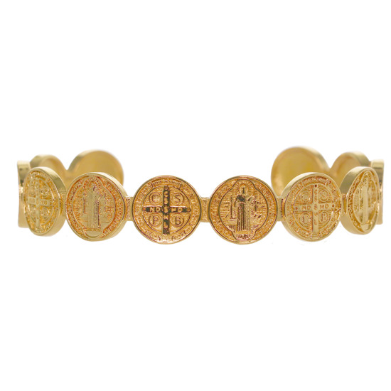 Bracelet manchette en laiton doré supérieur de saint Benoît, ajustable au poignet, médaille de 1 cm.