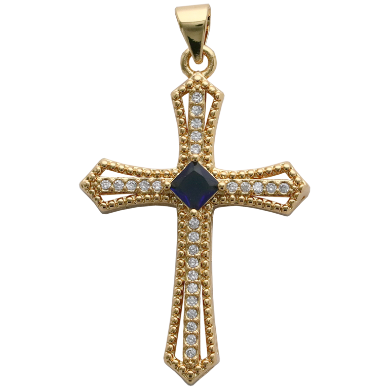 Croix de cou dorée supérieur forme baroque avec un strass de couleur différente au centre H.  3 cm.