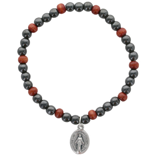 Bracelet dizainier sur élastique pour enfant grains en hématite et bois avec médaille de la Vierge Miraculeuse.