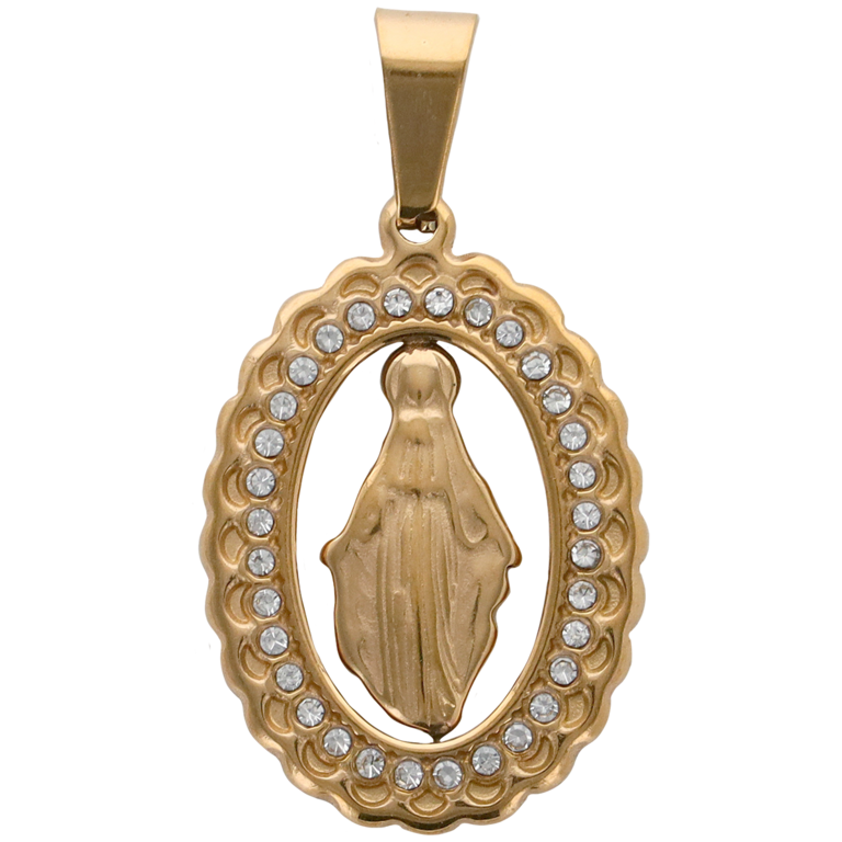 Médaille ovale de la Vierge Miraculeuse couleur dorée en acier inoxydable avec strass H. 2,4 cm