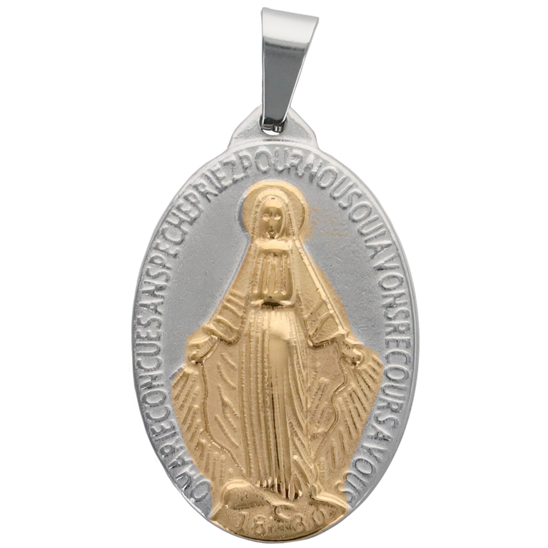 Médaille ovale de la Vierge Miraculeuse, écrite en Français de couleur argentée et dorée en acier inoxydable. H. 2,7 cm