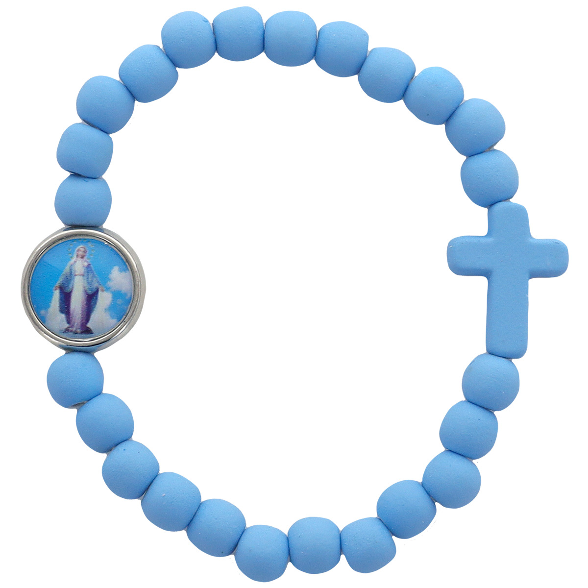 Bracelet sur élastique pour enfant avec des grains de couleur fluo de différentes couleurs Ø 5 mm. Médaille résine de la Vierge Miraculeuse. LOT DE 12