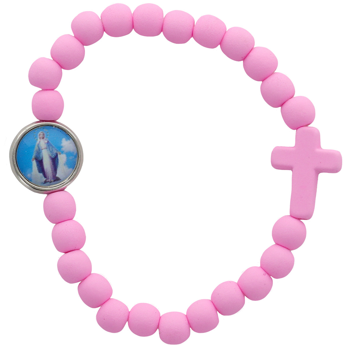 Bracelet sur élastique pour enfant avec des grains de couleur fluo de différentes couleurs Ø 5 mm. Médaille résine de la Vierge Miraculeuse. LOT DE 12