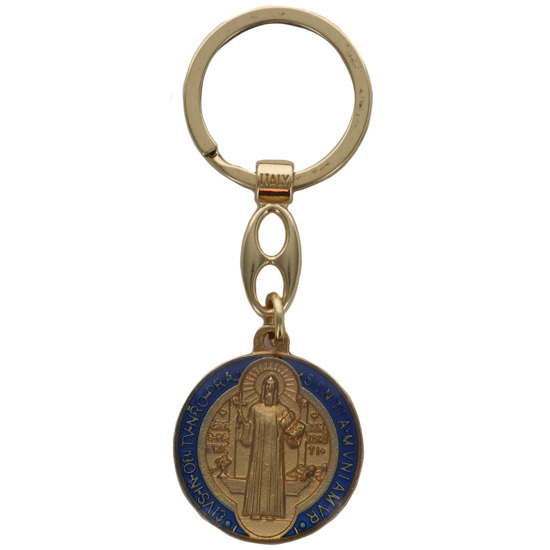 Portes-clés en métal couleur dorée et bleue de saint Benoît  Ø 3 cm.