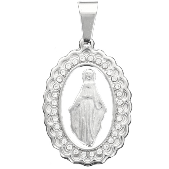 Médaille ovale de la Vierge Miraculeuse avec strass de couleur argentée en acier inoxydable. H. 2.4 cm