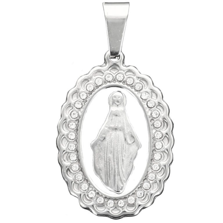Médaille ovale de la Vierge Miraculeuse avec strass de couleur argentée en acier inoxydable. H. 2.4 cm