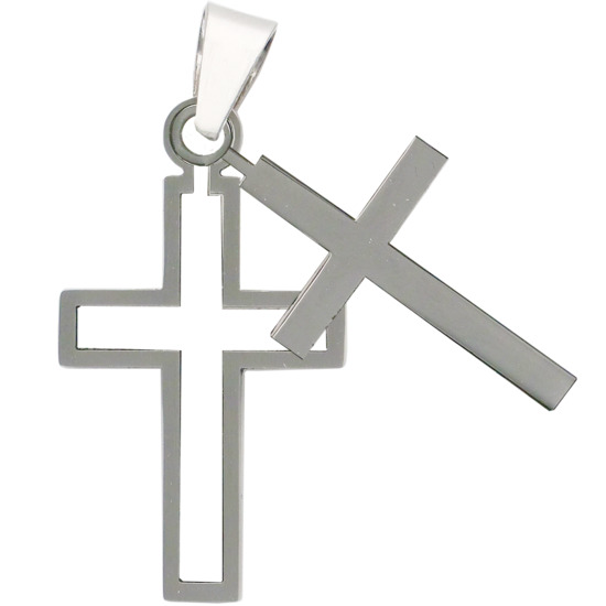 Croix de cou double croix encastrable de couleur argentée en acier inoxydable. H 2.8 cm.