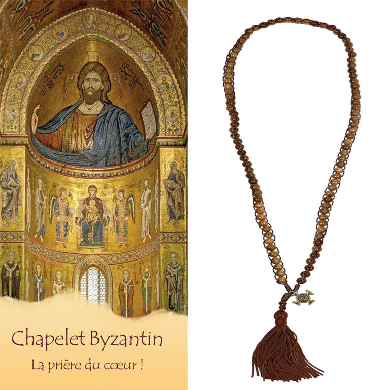 Chapelet byzantin avec perles de bois de 6 mm et croix orthodoxe en métal couleur bronze longueur jusqu'au coeur 35 cm