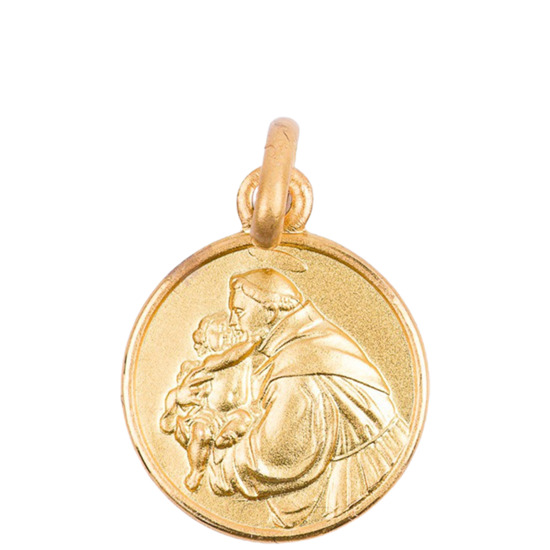 Médaille en plaqué or Ø 14 mm, plusieurs saints. Livrée en boite.