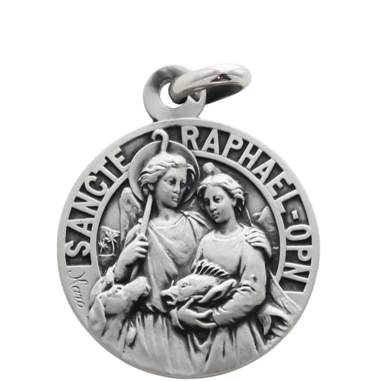 Médaille argent 925 °/°° Ø 1,8 cm de saint Raphaël, livrée en boîte. 