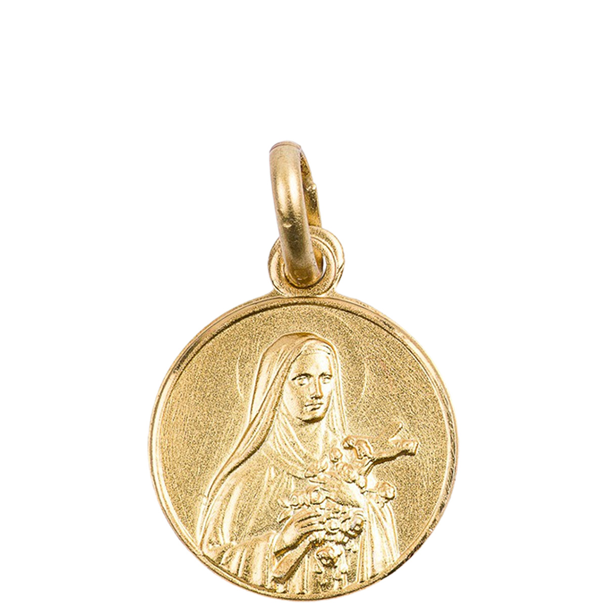 Médaille en plaqué or Ø 12 mm, plusieurs saints. Livrée en boîte.