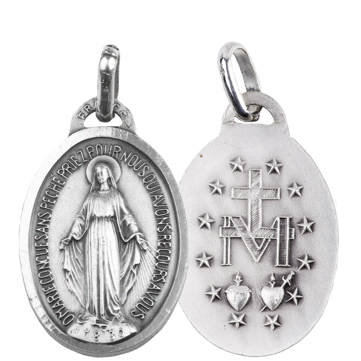 Médaille en argent 925 °/°° de la Vierge Miraculeuse avec bordure, plusieurs tailles. Livrée en boîte. 