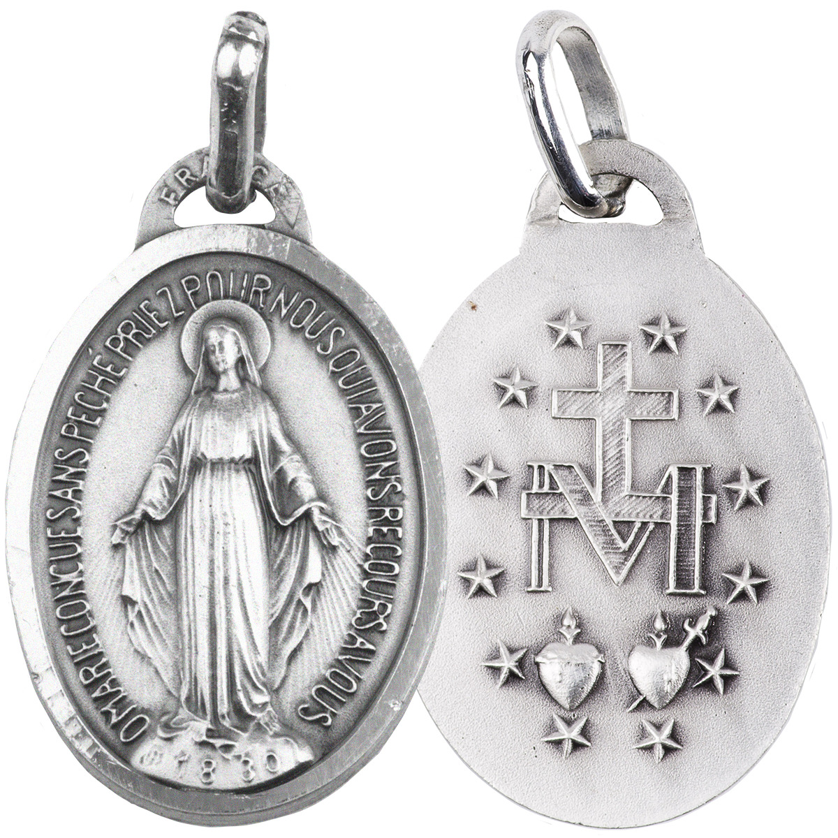 Médaille en argent 925 °/°° de la Vierge Miraculeuse avec bordure, plusieurs tailles. Livrée en boîte. 